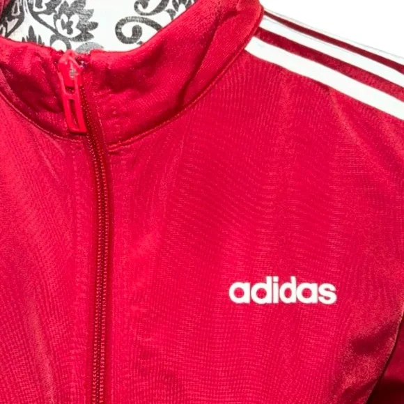 Adidas Women’s Small Zip-Front Red Essentials 3-Stripe Tricot Track Jacket - Picture 5 of 15